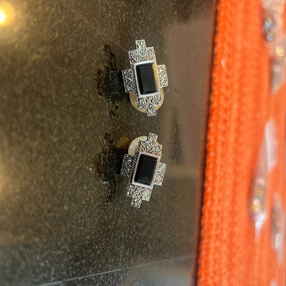 Sterling Silver Rectangular Black Onyx Marcasite Earrings